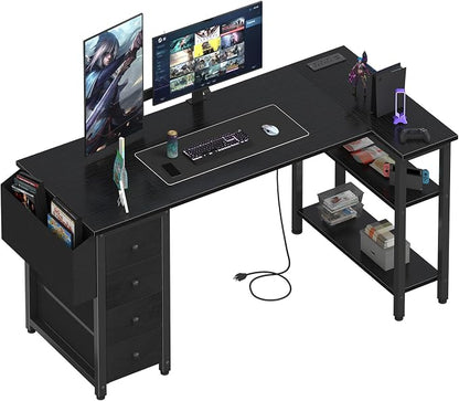 Lufeiya L Shaped Gaming Desk with Drawers & Storage Shelves, 55 Inch Corner Computer Desk with Power Outlet for Home Office Bedroom, L-Shaped Teen PC Desks with Fabric Drawer, Black