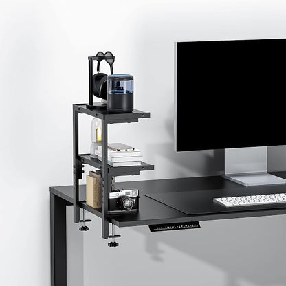 Spacrea 2 Tier Clamp on Desk Shelf | Office Desk Shelves Organizer, Wood Desktop Supplies Storage Rack, Desk Organizers and Accessories (Black)