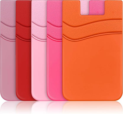 SHANSHUI Card Holder for Phone, Silicone Sticky Wallet Pocket Sleeve Pouch Stick on ID Credit Card for All Smartphonest - 5 Pack Light Pink Red Pink Rose Orange