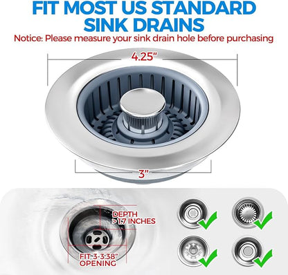 zaa 3 in 1 Kitchen Sink Drain Strainer Stopper Removable Basket Pop-Up | Kitchen Sink Accessories 3 Pack Silver Stainless - Food Catcher, Odor-Blocking Seal, Fits 3.5" Drain, Easy Clean