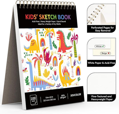 Soucolor Sketch Book for Kids, 9" x 12" Kids Sketchbook | 100 Sheets |Acid-Free Drawing Paper |Spiral bound| Lightweight fine-texture matte