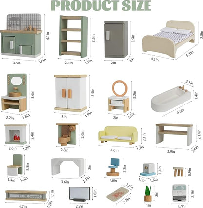 23PCS Wooden Dollhouse Furniture Set for 5 Rooms, Miniature Doll House Accessories & Furniture Toys for Toddlers, Indoor Scenes Pretend Play Toy for Kids 3+