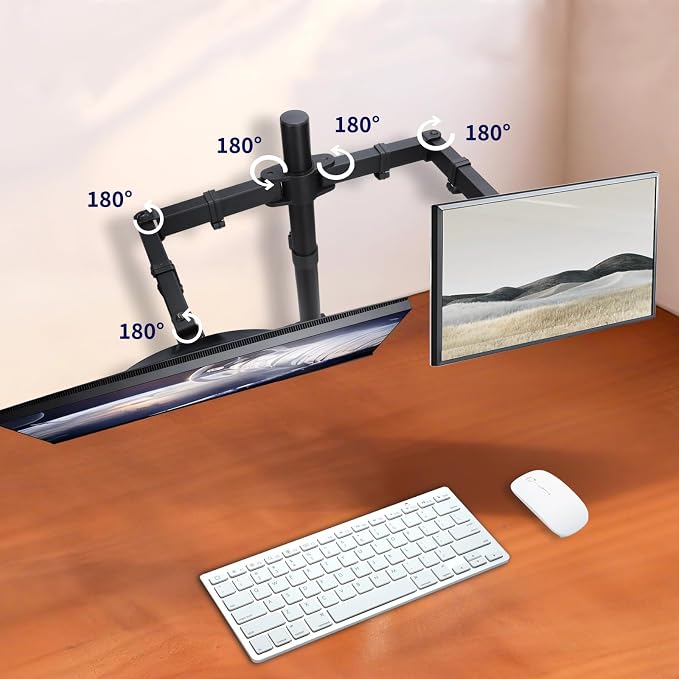 Black Dual Monitor Arm Mount for 13-27 Inch Screens | Ultrawide Screens Up to 34 inch Fully Adjustable Stand with C-Clamp/Grommet Base Max VESA 100x100 Each Screen Capacity 22lbs