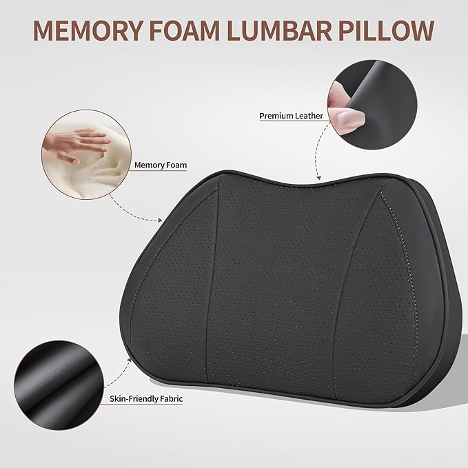 Lumbar Support Pillow for Car, Premium Leather Memory Foam Lumbar Cushion for Lower Back Pain Relief, Universal Back Support for Driving, Home & Office Chairs, Black, 1 Pack