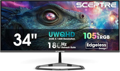 New! Sceptre 34-inch Prime Gaming Monitor 3440 x 1440 up to 180Hz DisplayPort HDMI Build-in Speakers, Machine Black 2027 (E345B-QU180D Series)