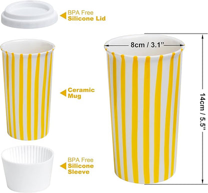 Ceramic Travel Mug with Lid (12 oz) – Cute Coffee Cup for Women & Men, Bright Aesthetic Travel Mug, Microwave & Dishwasher Safe, Fits Car Cup Holder (Yellow)