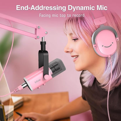 FIFINE AmpliGame AM8TP XLR Gaming Microphone USB PC Dynamic Mic Kit | Streaming RGB Mic with Headphone Jack, Mute Button, Boom Arm Stand for Computer/Mixer, for Vocal, Recording, Podcast, Pink