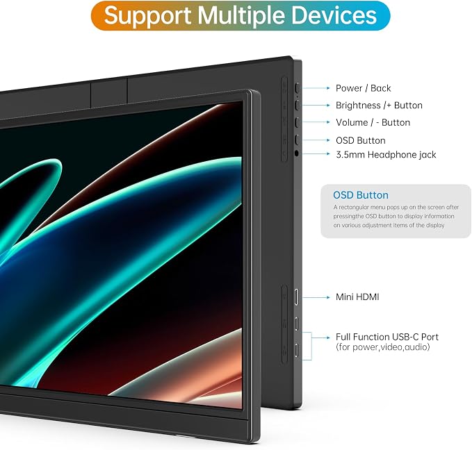 MNN Portable Monitor 14 inch FHD 1920 * 1200P USB C HDMI Ultra-Slim IPS Travel Display w/Speakers, HDR Plug&Play, External Monitor for Laptop PC, Phone,Mac(400cd/m² Brightness) | 14" 16:10 1200p IPS 400nit HDR, USB-C/HDMI, speakers, ultra-slim, plug&pl...