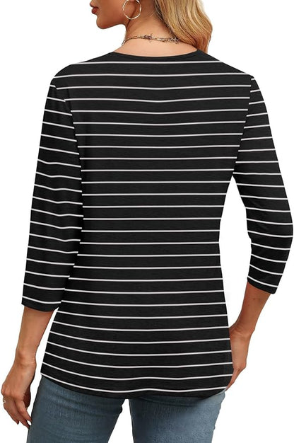 WIHOLL Womens Tops 3/4 Length Sleeve V Neck Casual Tunic Tops Basic Shirts Loose Fit Blouse