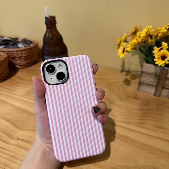 for iPhone 15 Case Striped Cute Aesthetics Phone Case Trendy Protective Shockproof Cover for iPhone 15 Pink White