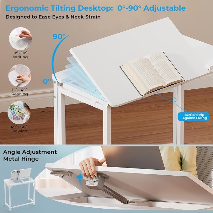 GreenForest Portable Folding Desk with Wheels, 31.5 inch Adjustable Tilt | Drafting Table Workstation for Small Spaces, Home Office, Drawing & Craft Projects，White