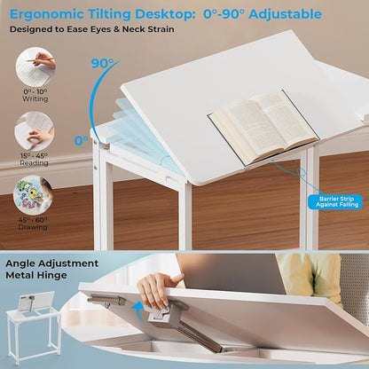 GreenForest Portable Folding Desk with Wheels, 31.5 inch Adjustable Tilt | Drafting Table Workstation for Small Spaces, Home Office, Drawing & Craft Projects，White