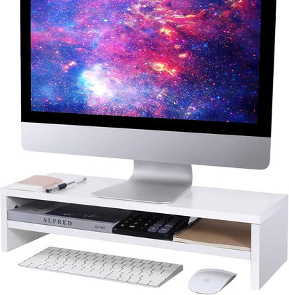 BEYGORM Monitor Stand Riser White, 21.6 inch 2 Tiers Wood Desk Shelf Computer Screen Stand with Storage for Desktop Laptop/Screen/TV/PC/Printer, Desk Shelf Organizer 21.6" L x 7.8" W x 5.2" H | For Full Keyboard, Computer Screen Stand with Storage for ...