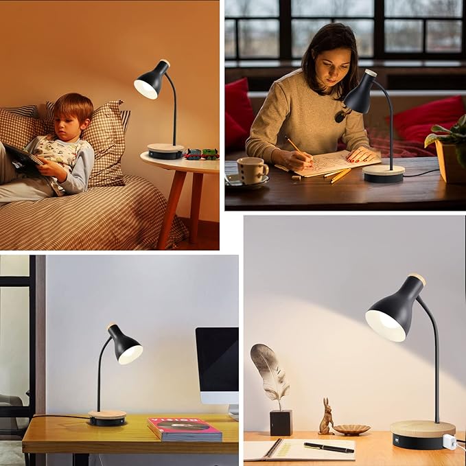 Metal Desk Lamp Wireless Charging Table Lamp Touch Reading Lights Arc Desk Lamps for Bedroom, 3 Way Dimmable Bedside Lamp with USB Charging Ports, Reading Lamp for Study Room and Office (Black-02)