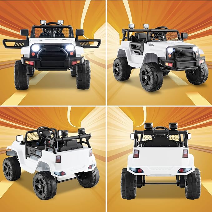 Costzon Ride on Car, 12V Battery Powered Truck Vehicle with Remote Control, Spring Suspension, Headlights, Music, Horn, MP3, USB & Aux Port, Gift for Boys Girls, Electric Car for Kids (White)