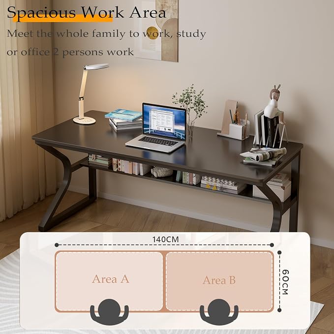 OSCHF 55-Inch Extra Long Desk with Storage Shelf, Black | Double Long Writing Table, Space-saving, 2-Person Workstation, Modern Study Work Computer Desk, For Home Office