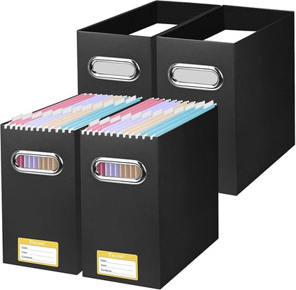 BALEINE File Organizer Box, Cardboard File Folder Organizer with Handle for Letter Size, Portable Collapsible Hanging Filing Box for Home Office Document Storage (4 Pack, Black)