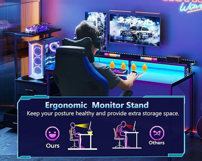 AODK Gaming Desk w/PC Showcase Stand, 59" Reversible, RGB LED, Black | Elevated stand fits Lian Li O11, Hyte Y60. Triple drawers hide cables, controllers, clutter