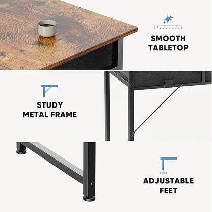 DUMOS 32-Inch Small Computer Desk with Drawers, Hook and Side Bag, Brown | Home Office Desk for Bedroom, Gaming Writing Study Desk with Adjustable Feet