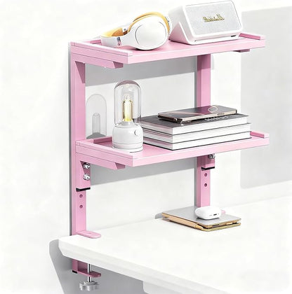 Spacrea Clamp on Desk Shelf, 2 Tier Office Desk Shelves Organizer, Wood Desktop Supplies Storage Rack, Desk Organizers and Accessories (Pink)