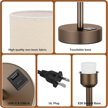 Dicoool Bedside Table Lamp for Bedroom - 3-Way Dimmable Touch Lamp, USB A+C | LED Bulb Included, 14" Small Nightstand Lamp for Desk, Living Room, Guest Room, Beige Fabric Lampshade, Brown Metal Base
