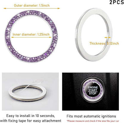 Kewucn 2 PCS Bling Crystal Double Rhinestone Car Engine Start Decoration Ring, Sparkling Push Start Button Sticker, Key Ignition & Knob Ring Decoration, Bling Car Interior Accessory(Purple)