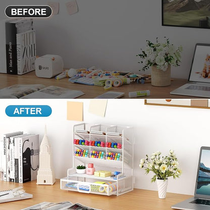 Marbrasse Larger Mesh Desk Organizer with Drawer, Multi-Functional Pen Pencil Holder, Easy Assembly, Desk Organizers and Accessories for Office Art Supplies (White) | Multi-Functional Pen Pencil Holder, Easy Assembly, For Office Art Supplies