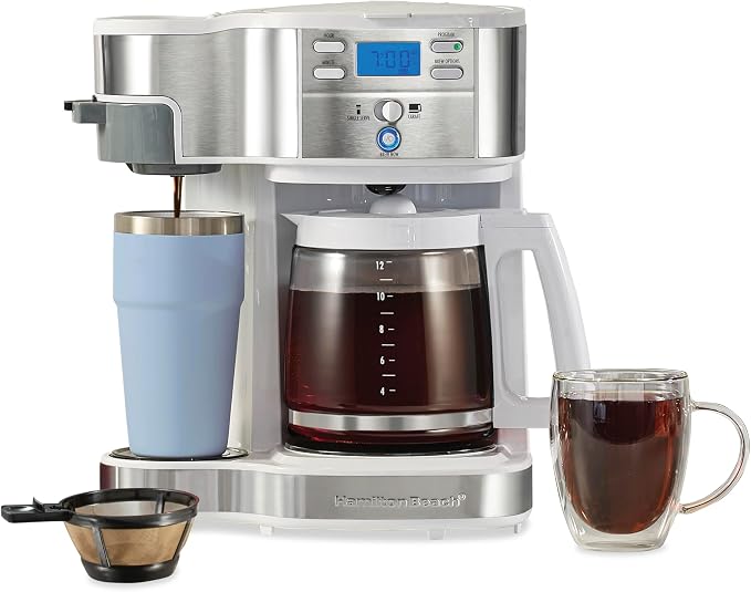 Hamilton Beach 2-Way Programmable Coffee Maker & Single Serve Coffee Maker | 12 Cup Glass Carafe | White with Stainless Steel Accents | 49933