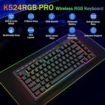 Redragon Wireless Gaming Keyboard, RGB Backlit, Portable 75% Design, Black | Bluetooth/2.4GHz/USB-C Wired, Mini Quiet Macro Membrane Keyboard, Rechargeable 4000mAh Battery, Anti-Ghosting for Win/MAC