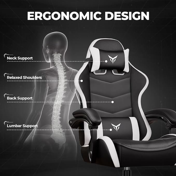 GTPLAYER Gaming Chair High Back Computer Chairs for Adults, Ergonomic Height Adjustable Recliner Chair 300lbs with Linkage Armrest and Lumbar Support for Home Office, White