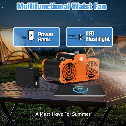 12000mAh Portable Waist Fan, 6 in 1 Rechargeable Wearable Belt Clip Fan with Flashlight & Detachable Power Bank, Strong Airflow Body Fans Neck Fans Hands-Free 30H Cooling for Hiking Cruise Courier