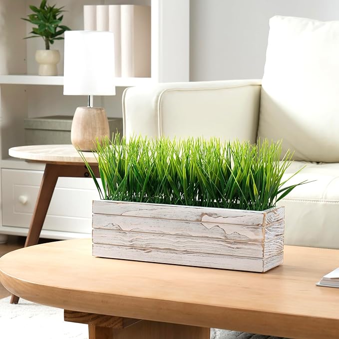 MyGift 14 Inch Artificial Green Grass Plant in Shabby White Washed Wood Planter Window Box - Faux Greenery in Rectangular Crate Style Wooden Container