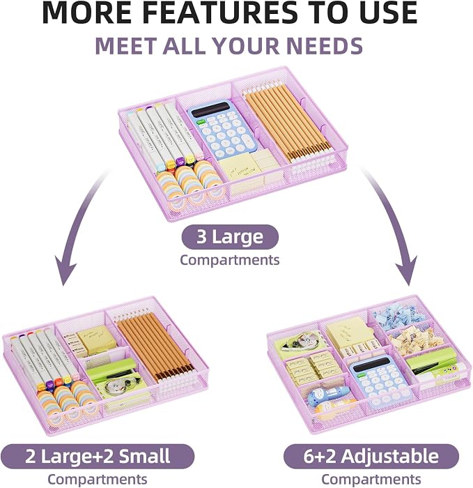 Marbrasse Desk Drawer Organizer, Metal Mesh Drawer Organizer Tray with 5 Adjustable Compartments,Desk Organizers and Accessories for Home,Office,Kitchen,Makeup,Vanity (Purple)