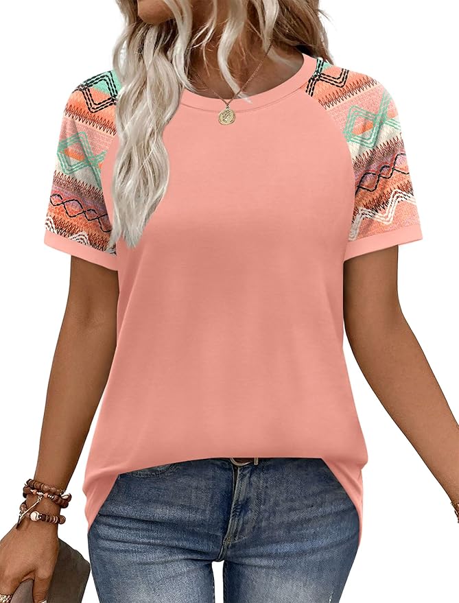 WIHOLL Womens Summer Tops Color Block Short Sleeve Raglan Shirts Spring Fashion Clothes Vacation Outfits