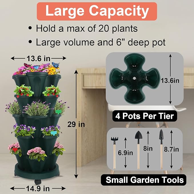 DUNCHATY Stackable Planter, Vertical Strawberry Planter with Garen Tool Set, Indoor/Outdoor 5 Tier Herb Planter Pots for Growing Vegetables and Succulents, Pine Green