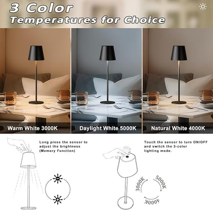 Kakanuo Cordless Table Lamp, 3 Color Stepless Dimming, 5000mAh Rechargeable Battery Powered, Outdoor LED Lamps, for Dining Room, Living Room, Bedroom, Bar, Cafe, Restaurant, Patio, Camping - Black