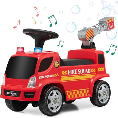 HONEY JOY Ride On Push Car with Bubble Maker, Fire Engine Push Cars for Toddlers w/Horn, Music, Lights, Under Seat Storage, Foot-to-Floor Ride On Fire Truck Toy for Kids Boys Girls, Red
