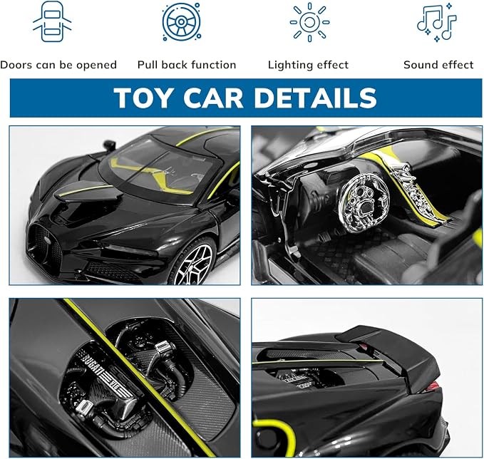 Car Toys for Boys 1 32 Diecast Cars Collectibles Car Model Kit,Metal Toy Car for Boys and Girls,Pull Back Cars with Lights and Sounds,Cars for Kids Ages 3-5（Black）