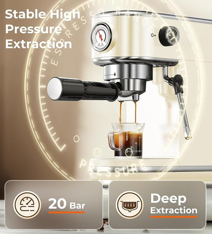atatix 20 Bar Espresso Machine with Milk Frother, Compact Espresso Maker | Stainless Steel Coffee Machine with Precise Temp Control & 44oz Removable Water Tank for Latte, Cappuccino, Creamy White