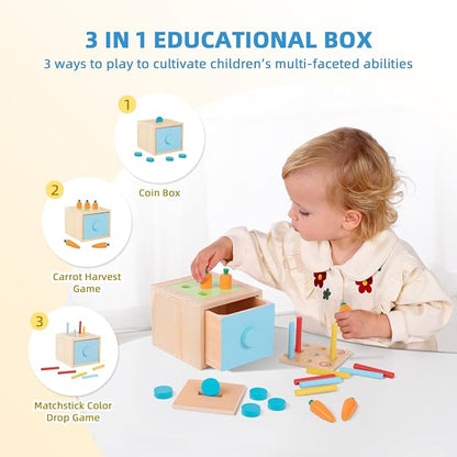 OOOK Montessori Toys for 1 Year Old, 7 in 1 Learning Educational Kit with Sensory Bin,Nesting Box, 3 in 1 Educational Box,Pounding Bench and Baby Stacking Cups