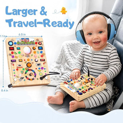 Busy Board with LED Light Switches, Montessori Toys for 1 2 3 Years Old, Toddlers Wooden Toy Sensory Activity Board, Travel Toys for 1+ Year Old Boy & Girl Birthday Gift (School 19 Switches)