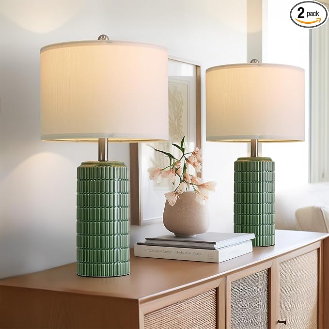 PoKat 23" Dark Green Ceramic Table Lamps Set of 2, Modern Table Lamps for Living Room, Farmhouse Lamps for Bedroom Night Stands, Traditional Nightstand Desk Decor Lamps
