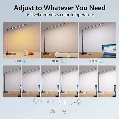 LED Desk Lamp for Home Office, Bright Desk Light Reading Table Lamps Eye-Care Touch Control with USB Charging Port, 3 Color Temperatures, 6 Brightness lighting for Desktop Study