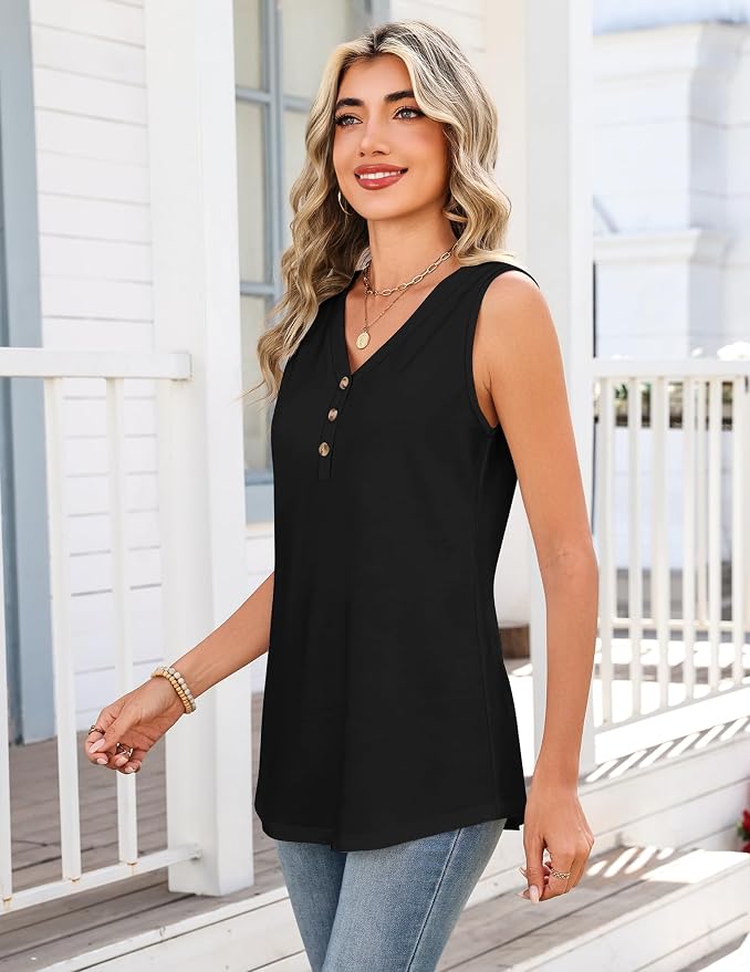 Zeagoo Tank Tops for Women 2026 Summer Top Henley Shirts Dressy Casual Loose Fit V-Neck Button Down Sleeveless Tshirt Blouse