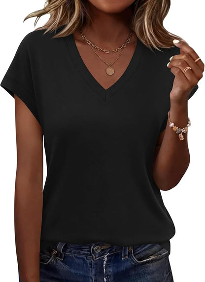 Rapbin Womens Summer Tops Women Blouses Dressy Casual V Neck T Shirts Short Sleeve Spring Tops for Women