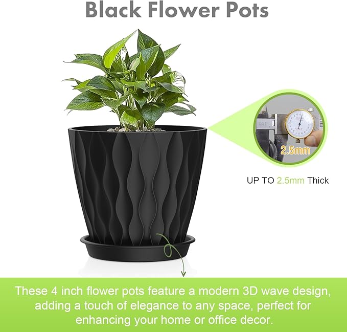 4 inch Small Plastic Nursery Pots, Seedling Pots, 5 Set Water Ripples Plant Pots for Indoor Plants, Flower Pots with Drainage Holes and Saucers, Seed Starter Pots for Succulent Plants, Black