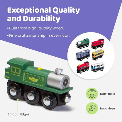 Maxim Enterprise 6-Piece Wooden Train Car Set – Classic Rolling Locomotive/Train Engines Compatible with Thomas Wooden Railway, Brio & Other Major Brand Wooden Trains