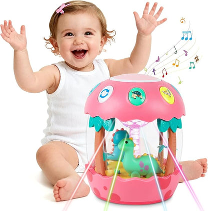 M SANMERSEN Baby Girl Toys, Dinosaur Rotating Light Up Musical Baby Toys for 12-18 Months Newborn Infant Crawling Tummy Time Toys, Birthday Easter Gifts for Baby Girls- Pink