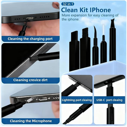 Inesore 32 in 1 Phone Cleaning Kit for iPhone AirPods MacBook Earbuds-Black | 32 tools for iPhone, AirPods, iPad, MacBook, keyboards, earbuds and camera lens; charging port, speaker and screen cleaning