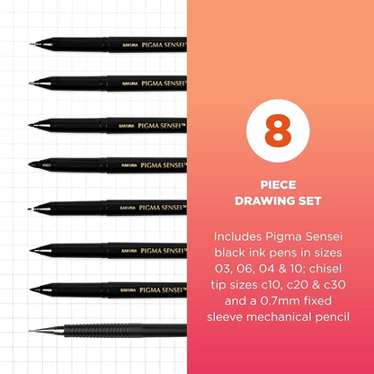 SAKURA 50204 8-Piece Pigma Sensei Manga Drawing Kit, Black